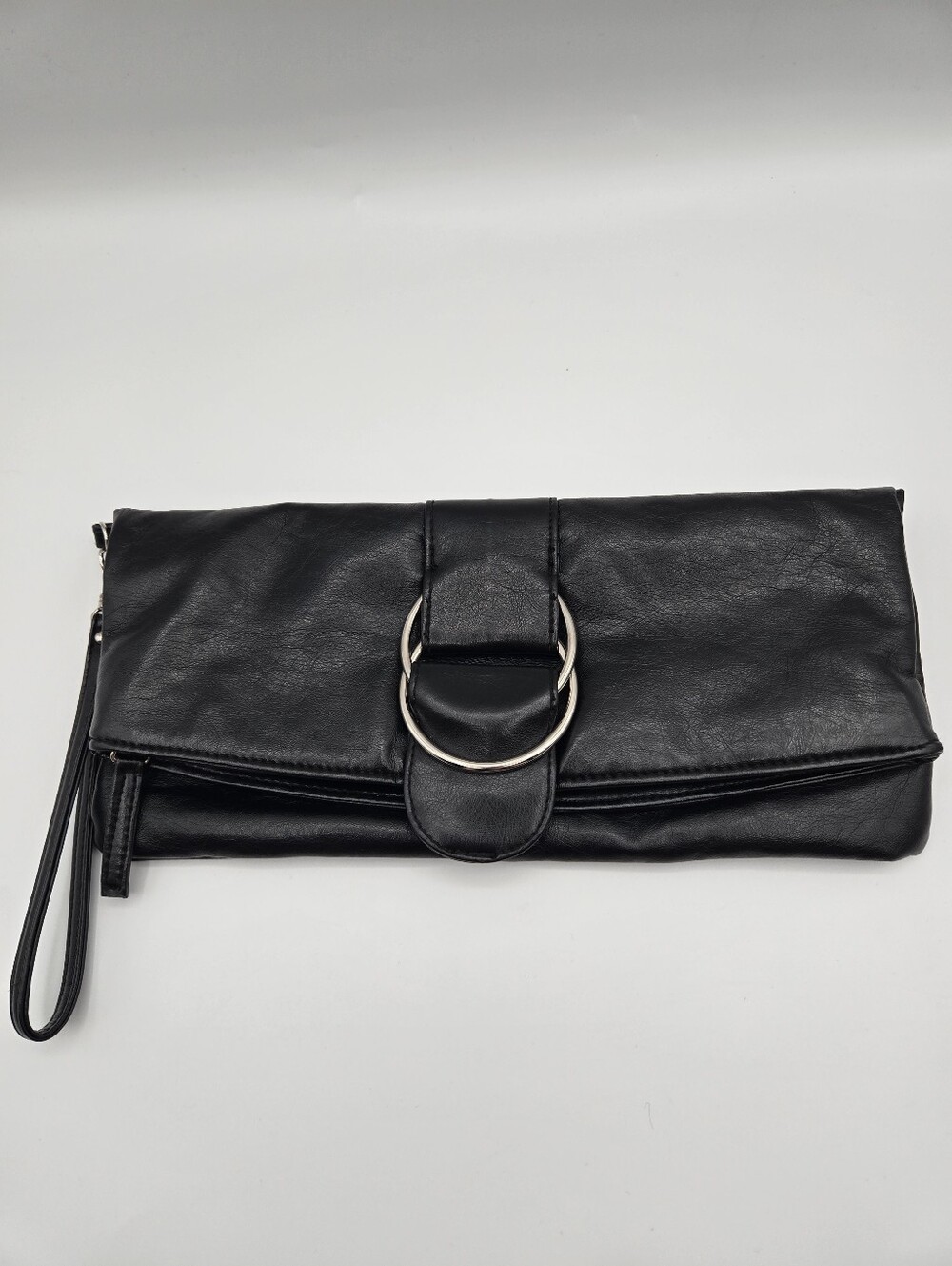 Vintage Chateau Black Faux Leather Clutch Wristlet Purse Tote Evening Bag